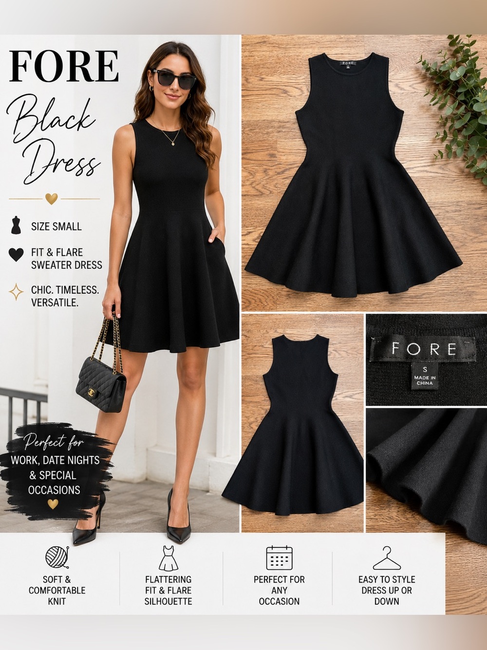 FORE Black Fit & Flare Sweater Dress Size Small Sleeveless Knit Dress